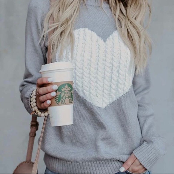 NEW Grey with White Heart Pull-Over Sweater (brand new in bag) size Medium - Picture 4 of 7